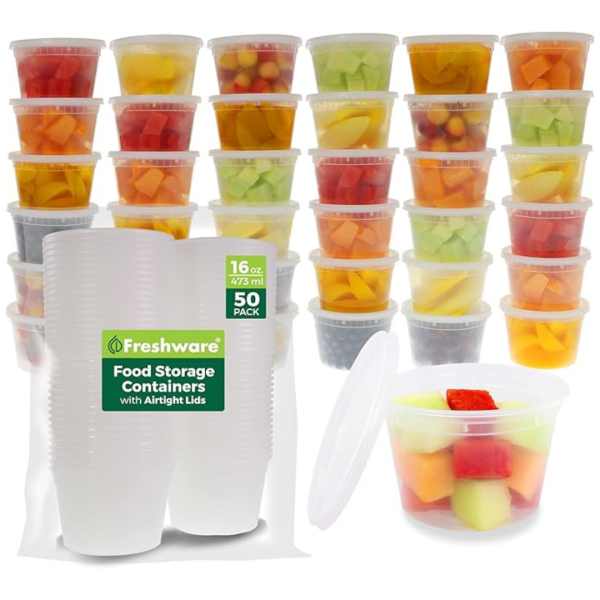 Set Of 50 Plastic Food Storage Containers With Lids, 16 Oz For Cheap