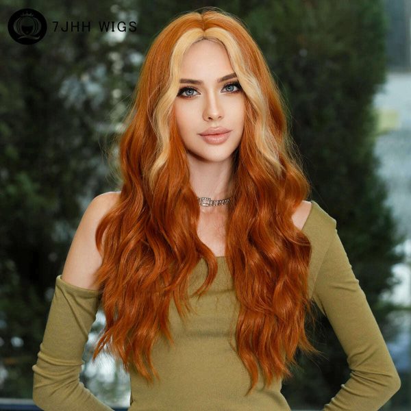 7JHH WIGS Bright Orange Long Wavy Women Wig Natural Synthetic Wigs with Bangs for Black Women Daily Party Cosplay Heat Resistant Sale